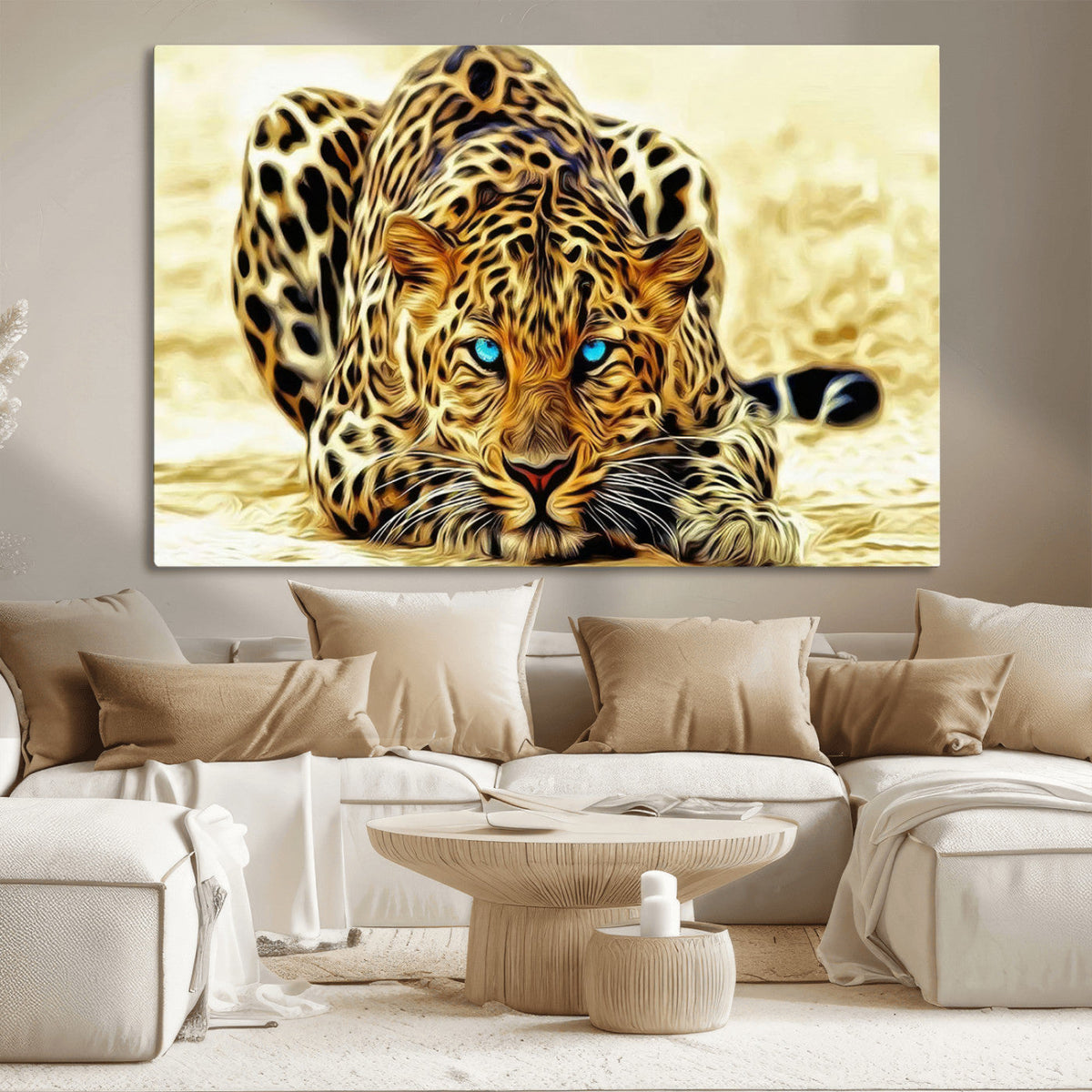 Blue-Eyed Leopard Canvas Wall Art, Framed Animal Print, Fierce and Bold Decor for Living Rooms