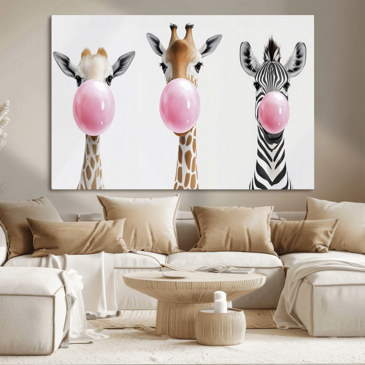 Bubblegum Animals Canvas Wall Art, Playful Giraffe and Zebra Trio, Whimsical Nursery and Kids Room Decor