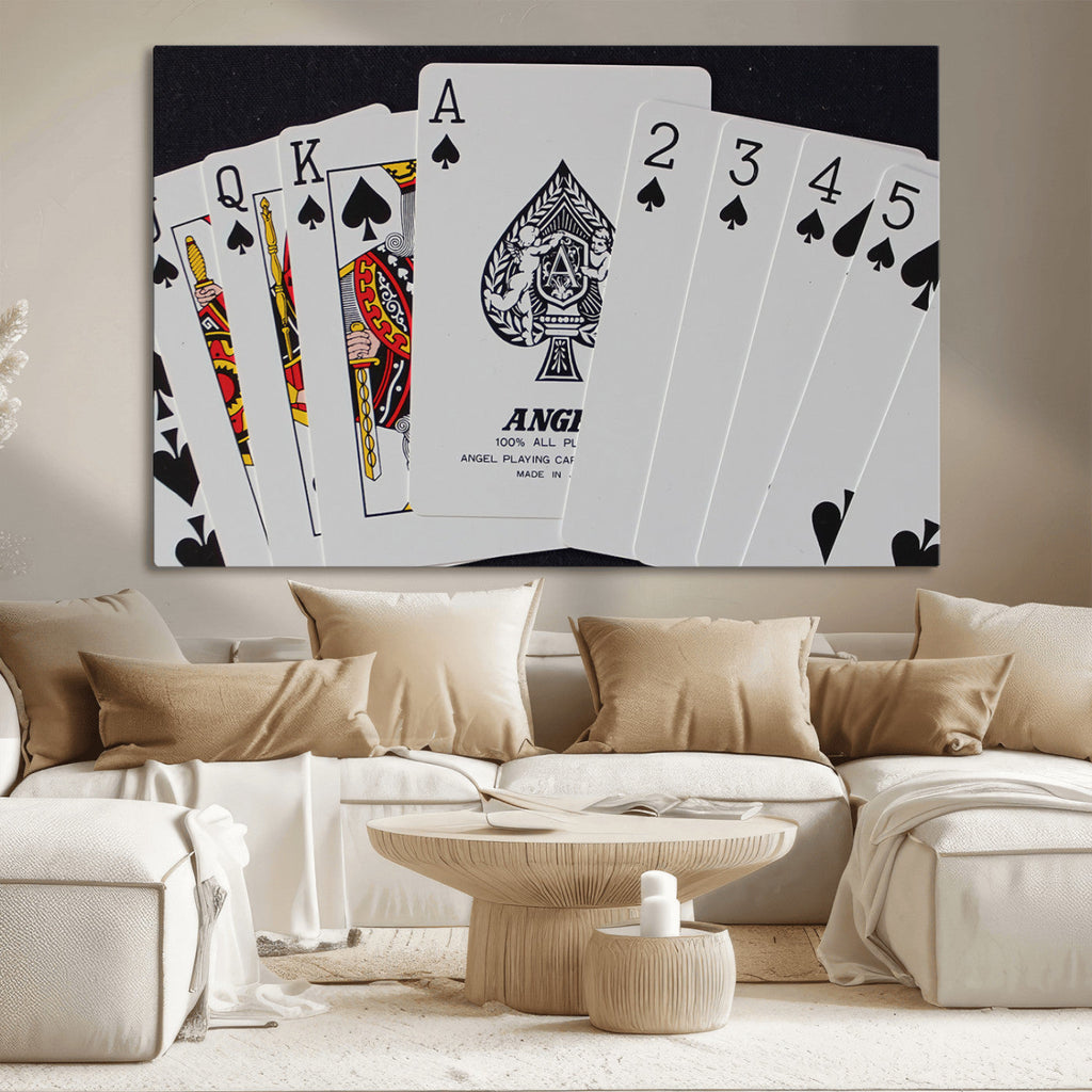 Poker Wall Art - Playing Cards Canvas Wall Art Print - Ace of Spades and Royal Flush Design