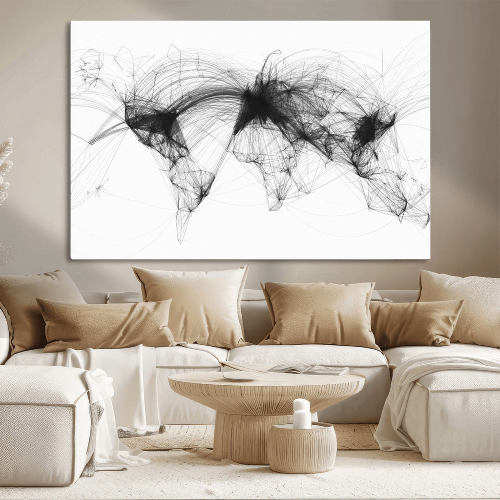 Flight Routes Air Traffic Map Canvas Wall Art, World Flight Routes Print