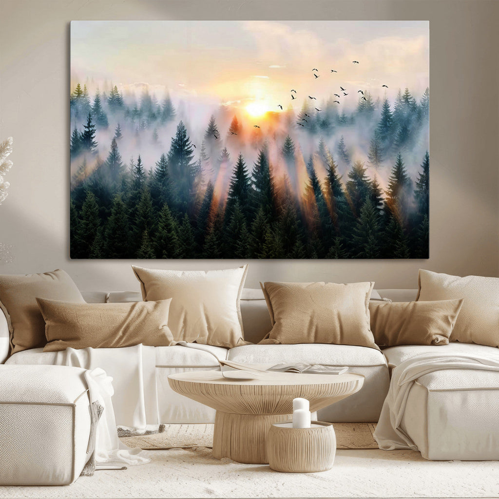 Abstract Forest Wall Art, Serene Nature Canvas Print with Misty Forest Design for Modern Home Decor