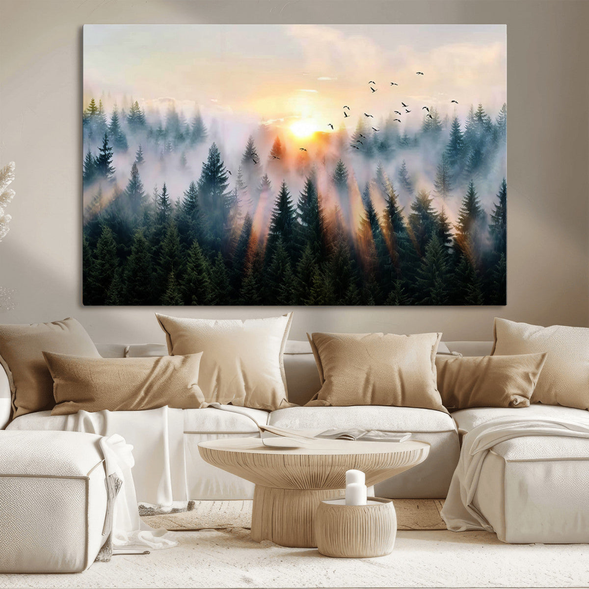 Abstract Forest Wall Art, Serene Nature Canvas Print with Misty Forest Design for Modern Home Decor
