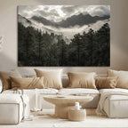 Moody Forest Wall Art | Framed Mountain Fog Canvas Artwork