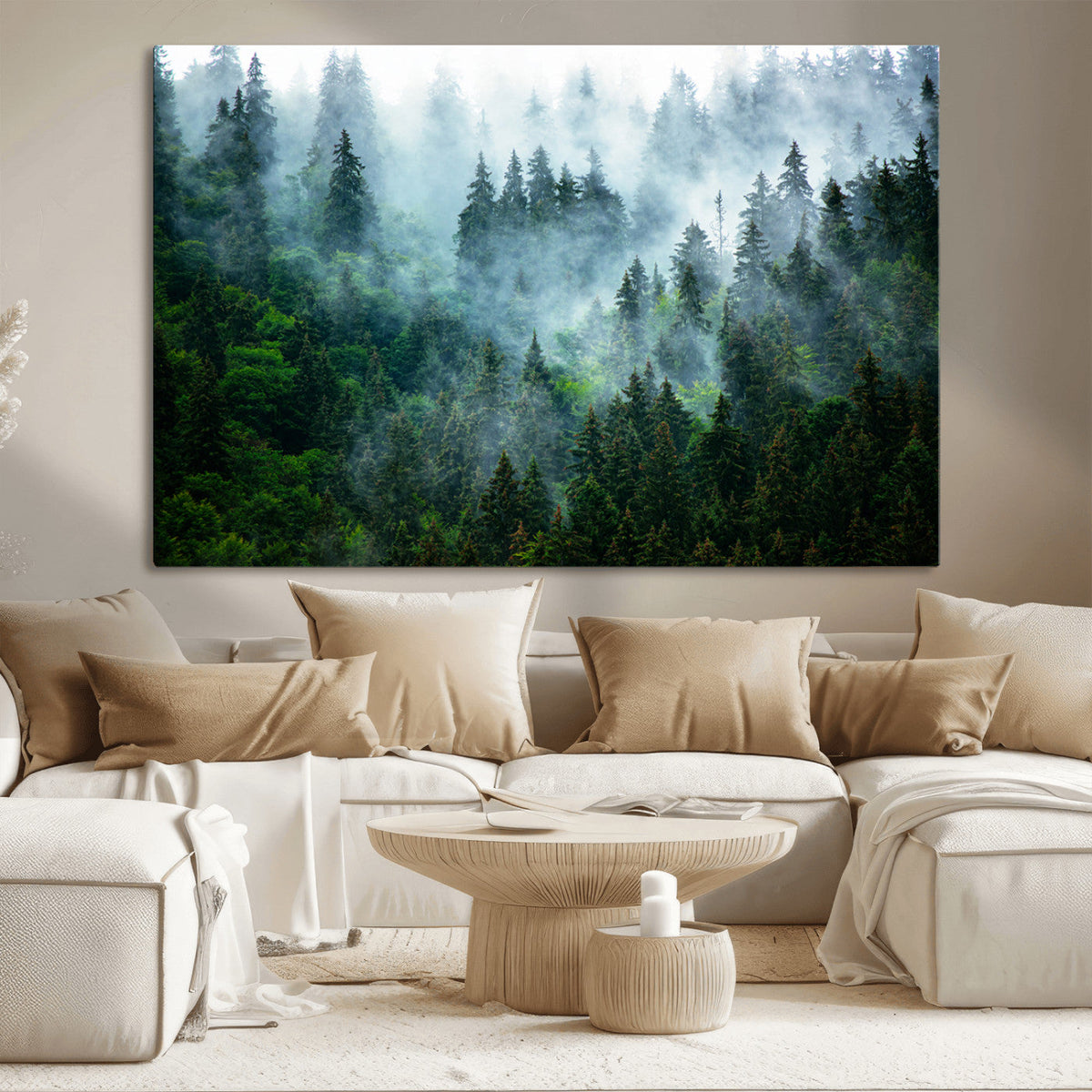 Misty Forest Wall Art Canvas Print, Framed Foggy Mountain Art, Large Scenic Woodland Canvas