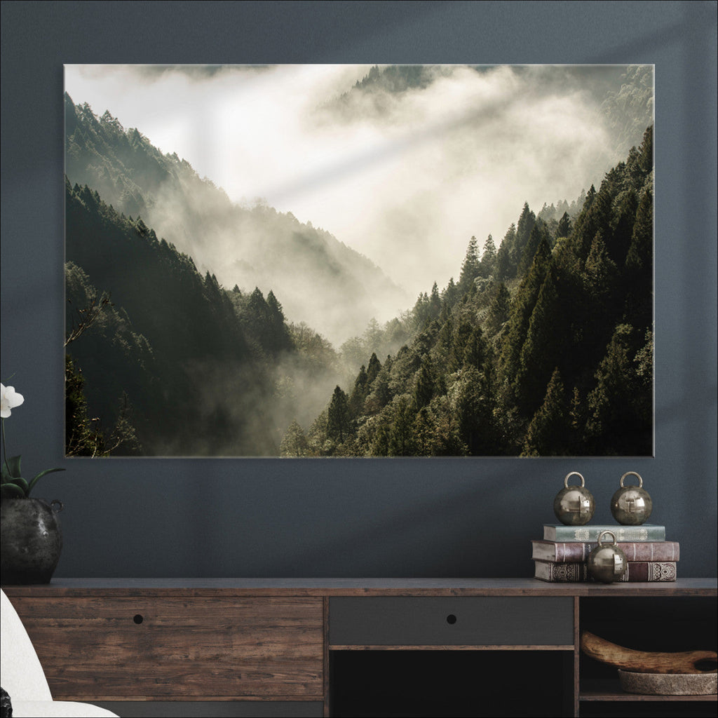 Misty Valley Wall Art Canvas Print | Foggy Forest and Pine Trees