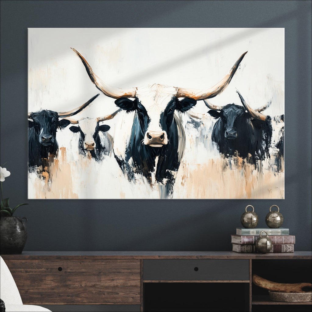 Texas Longhorn Wall Art Canvas Print | Majestic Horned Bull in Black and White