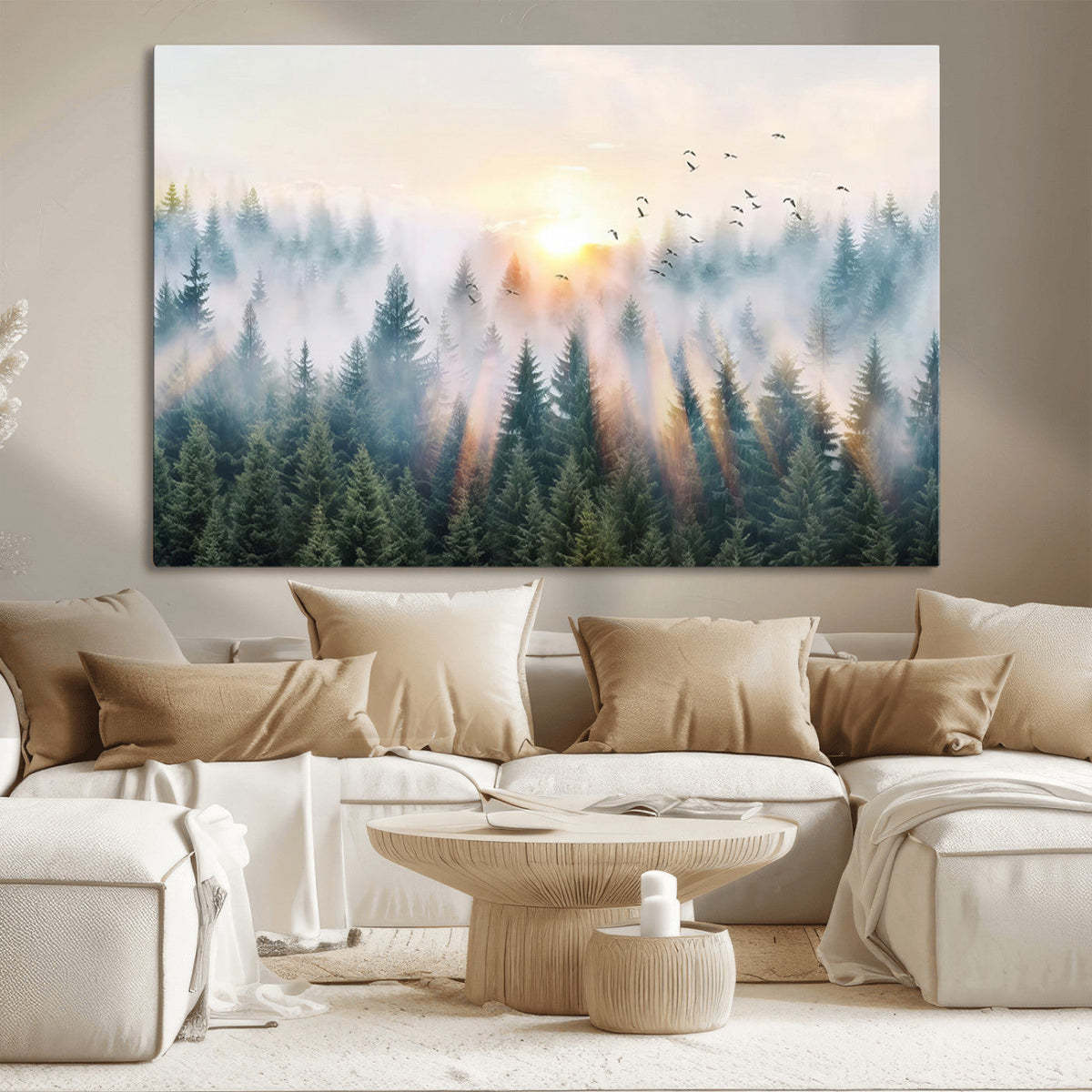 Misty Pine Forest Wall Art Canvas, Sunrise Over Foggy Trees
