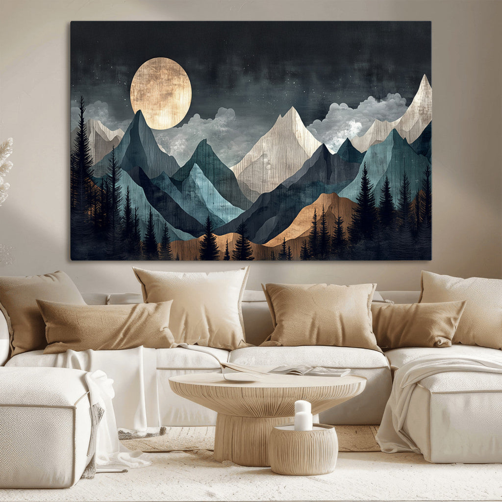 Moonlit Mountain Wall Art Canvas Print, Framed Silhouetted Pines Art, Layered Peaks Rustic Decor