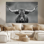 Texas Longhorn Wall Art Canvas Print, Framed Western Bull Photography, Rustic Log Cabin Decor