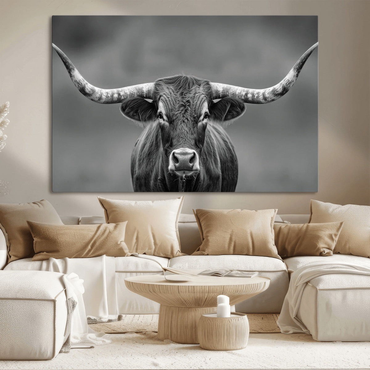 Texas Longhorn Wall Art Canvas Print, Framed Western Bull Photography, Rustic Log Cabin Decor