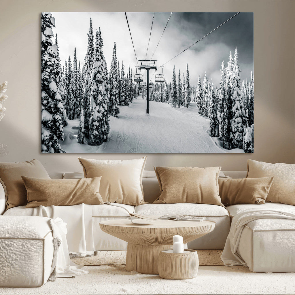 Snowy Pines Wall Art Canvas Print | Ski Lift in a Winter Forest