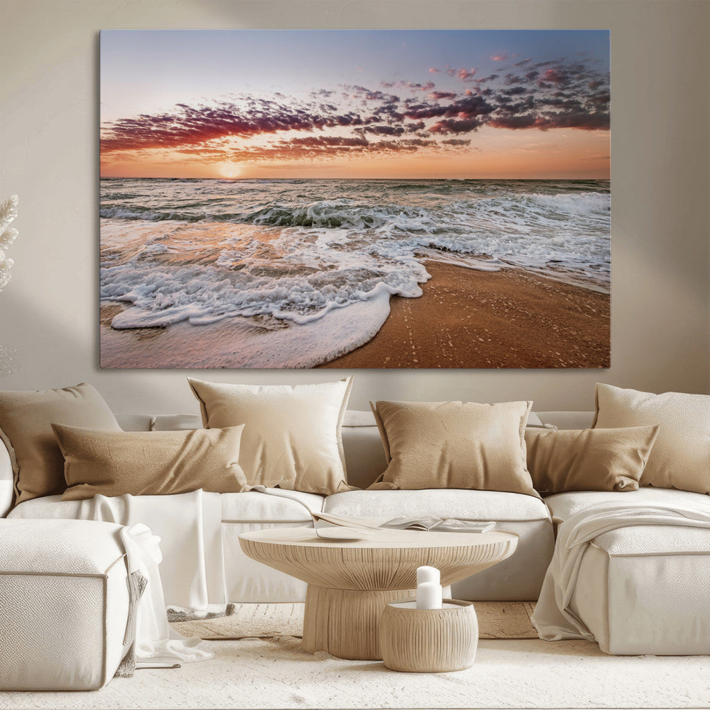 Ocean Sunset Wall Art Canvas Print | Sandy Shore and Gentle Waves