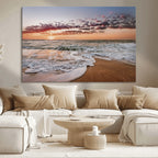 Ocean Sunset Wall Art Canvas Print | Sandy Shore and Gentle Waves