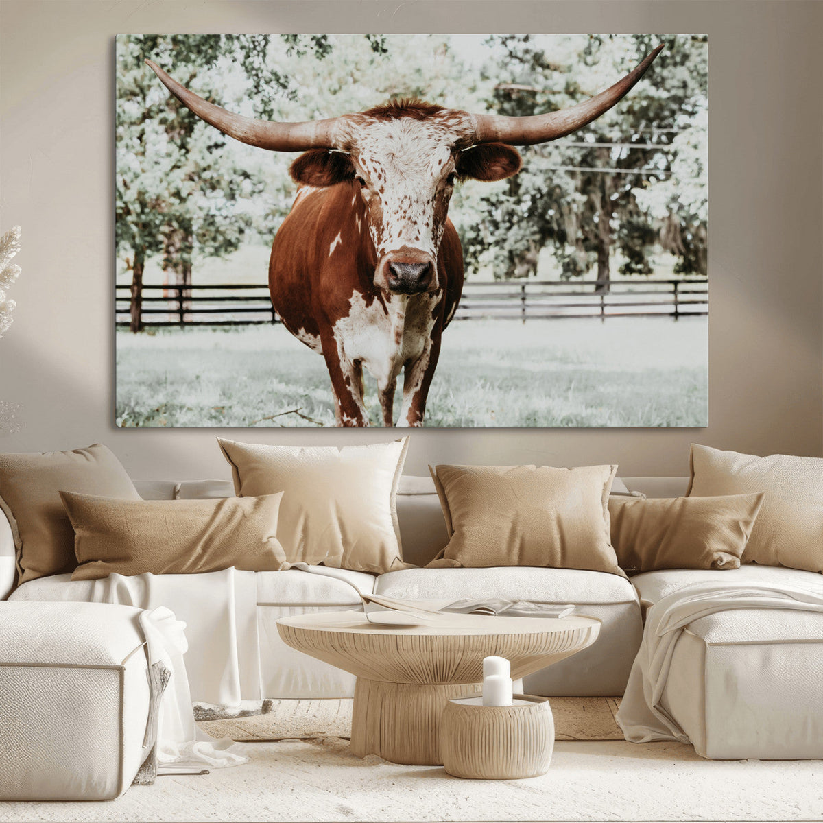 Texas Longhorn Wall Art Canvas Print | Framed Spotted Brown and White Bull