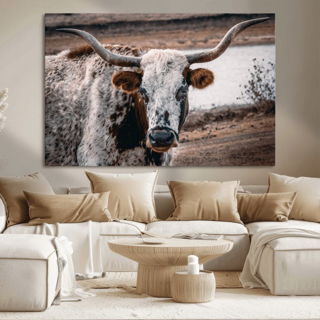 Texas Longhorn Wall Art Canvas Print | Framed Brown and White Spotted Longhorn