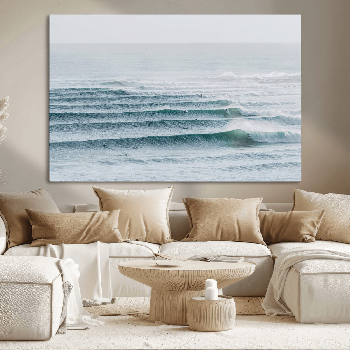 Ocean Waves Wall Art Canvas Print, Framed Surfer Lineup on a Crowded Ocean