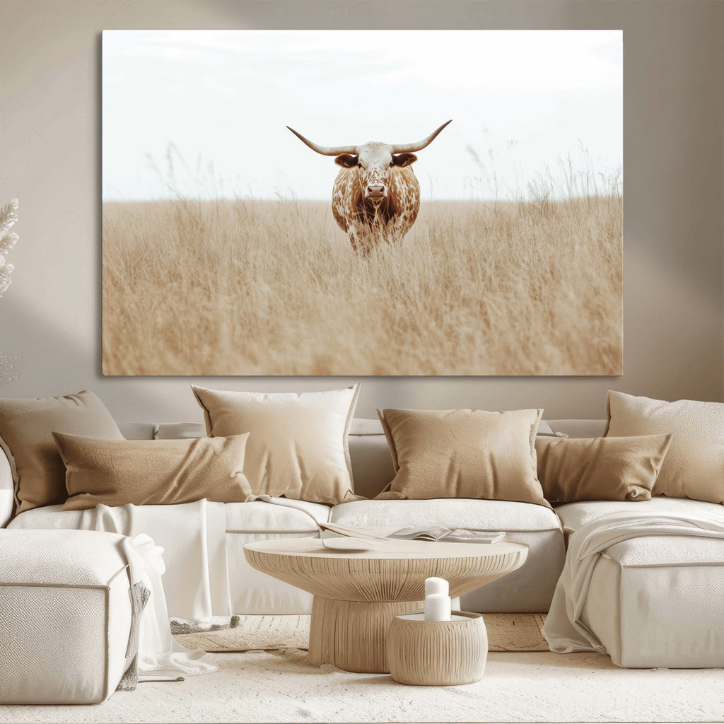 Texas Longhorn Wall Art Canvas Print, Framed Lone Cattle and Longhorn Bull Scene