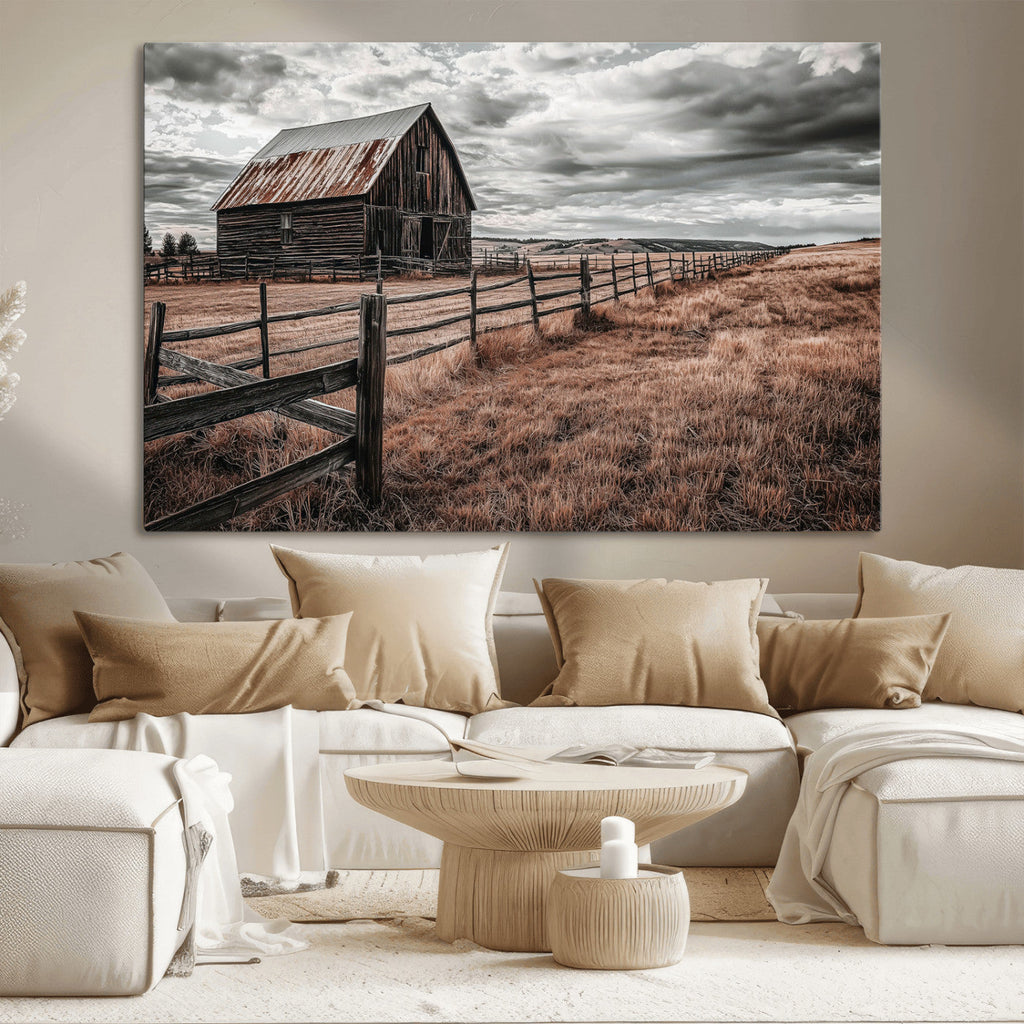 Rustic Barn Wall Art Canvas Print, Framed Moody Field Scene