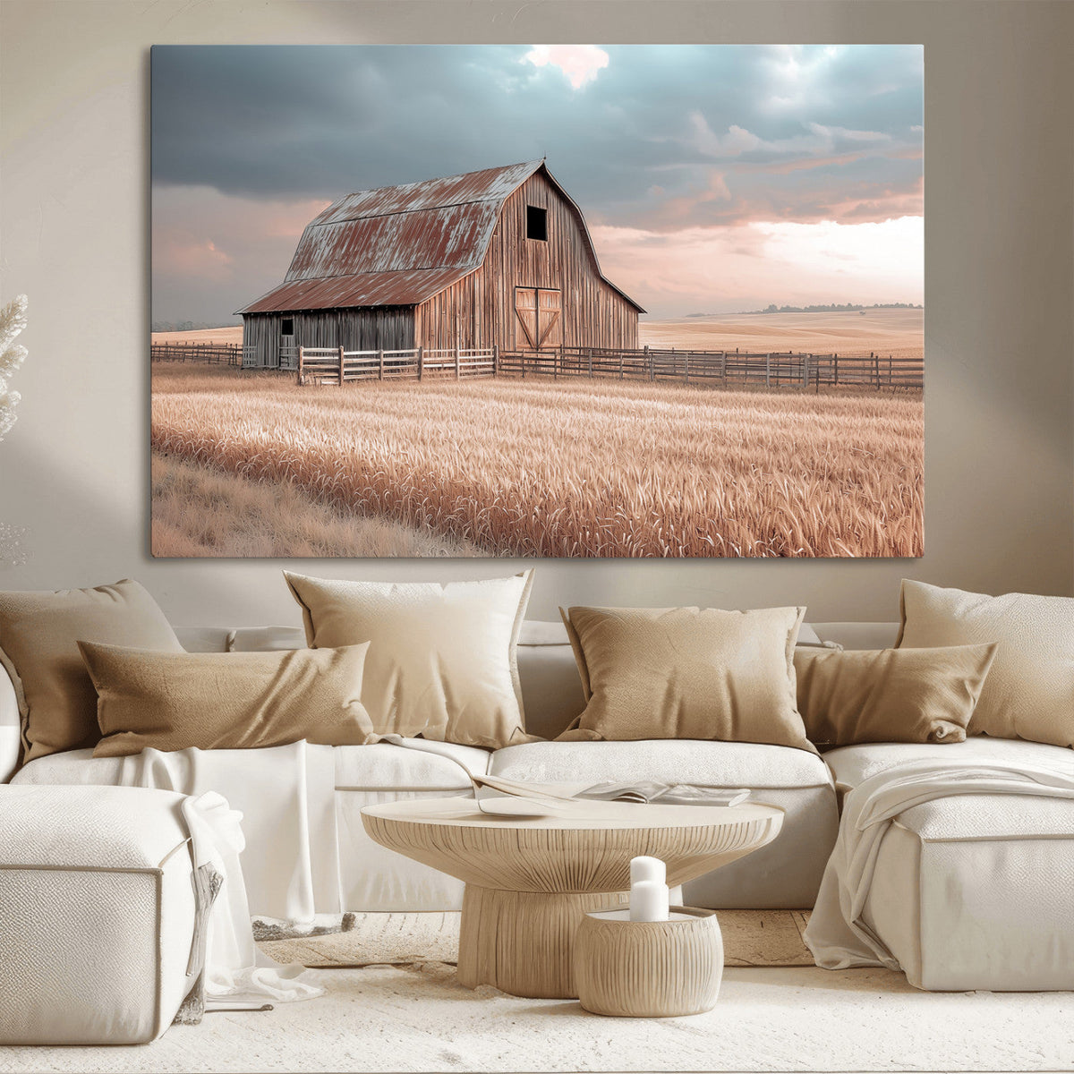 Rustic Barn Wall Art Canvas Print, Framed Wheat Field Scene
