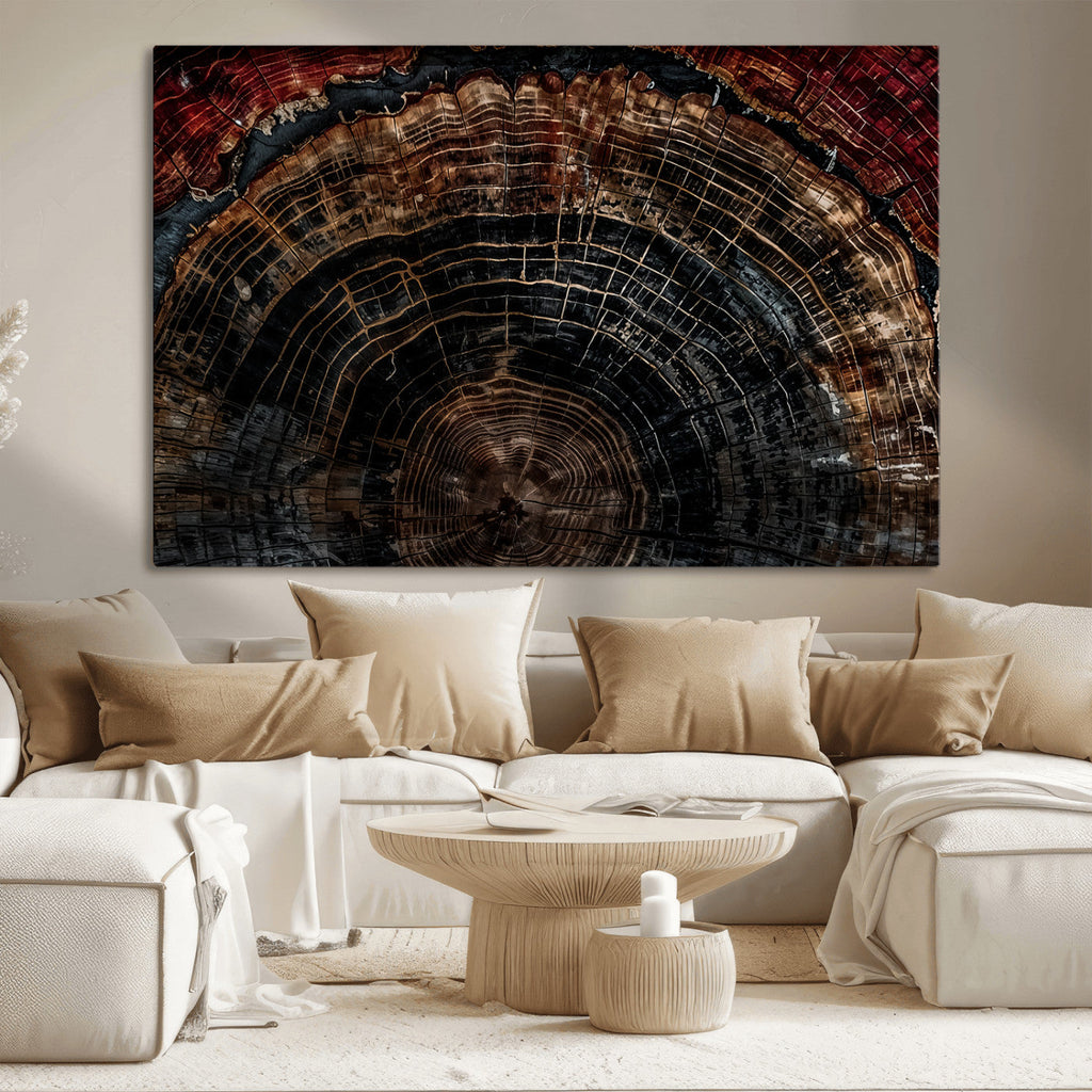 Dark Wood Ring Wall Art Canvas Print, Framed Abstract Tree Slice Print, Rustic Wood Grain Decor