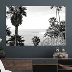 Palm Trees Wall Art Canvas Print, Framed Coastal Ocean Horizon Monochrome Art
