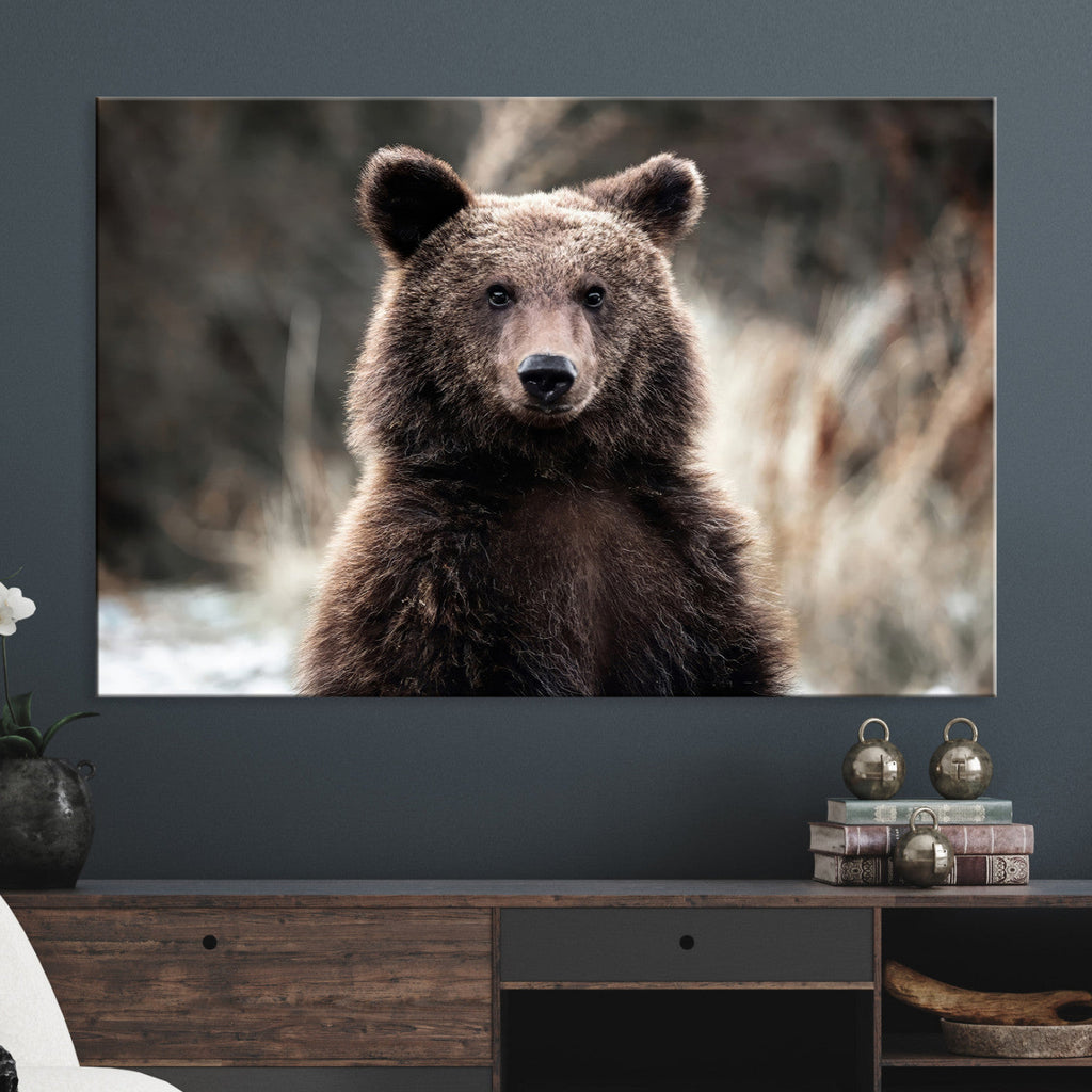 Brown Bear Wall Art Canvas Print, Framed Majestic Woodland Wildlife Cabin Art