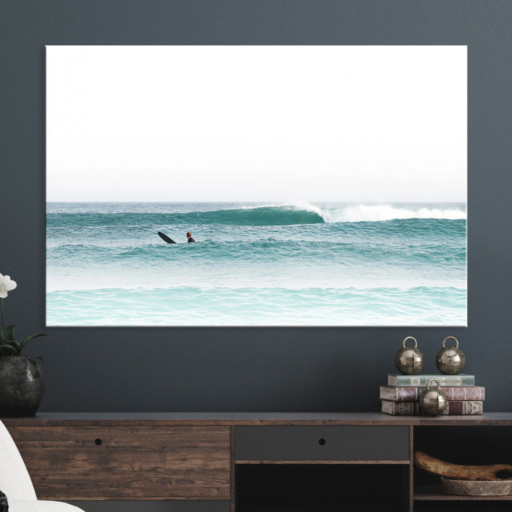 Surfing Wall Art Canvas Print, Framed Minimalist Ocean Waves Beach Art