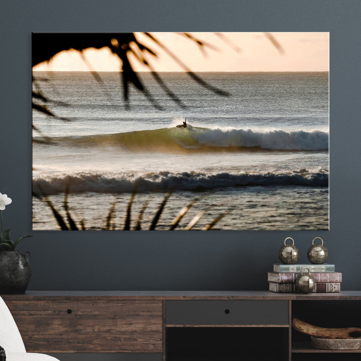 Sunset Surf Wall Art Canvas Print, Framed Golden Hour Waves Boho Beach Art