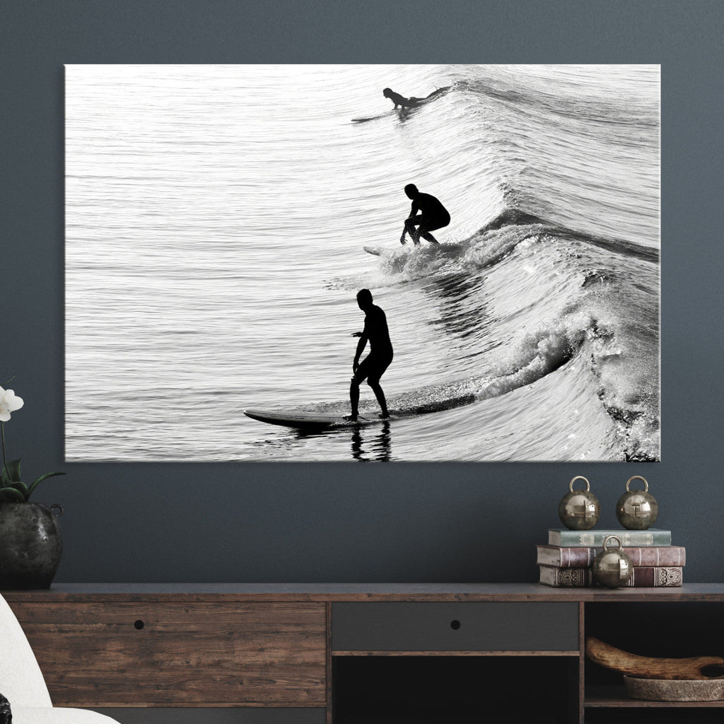 Surfers on Waves Wall Art Canvas Print | Framed Black and White Surf