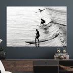 Surfers on Waves Wall Art Canvas Print | Framed Black and White Surf