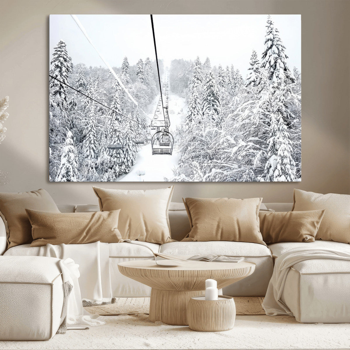 Snowy Ski Lift Wall Art | Framed Winter Mountain Canvas