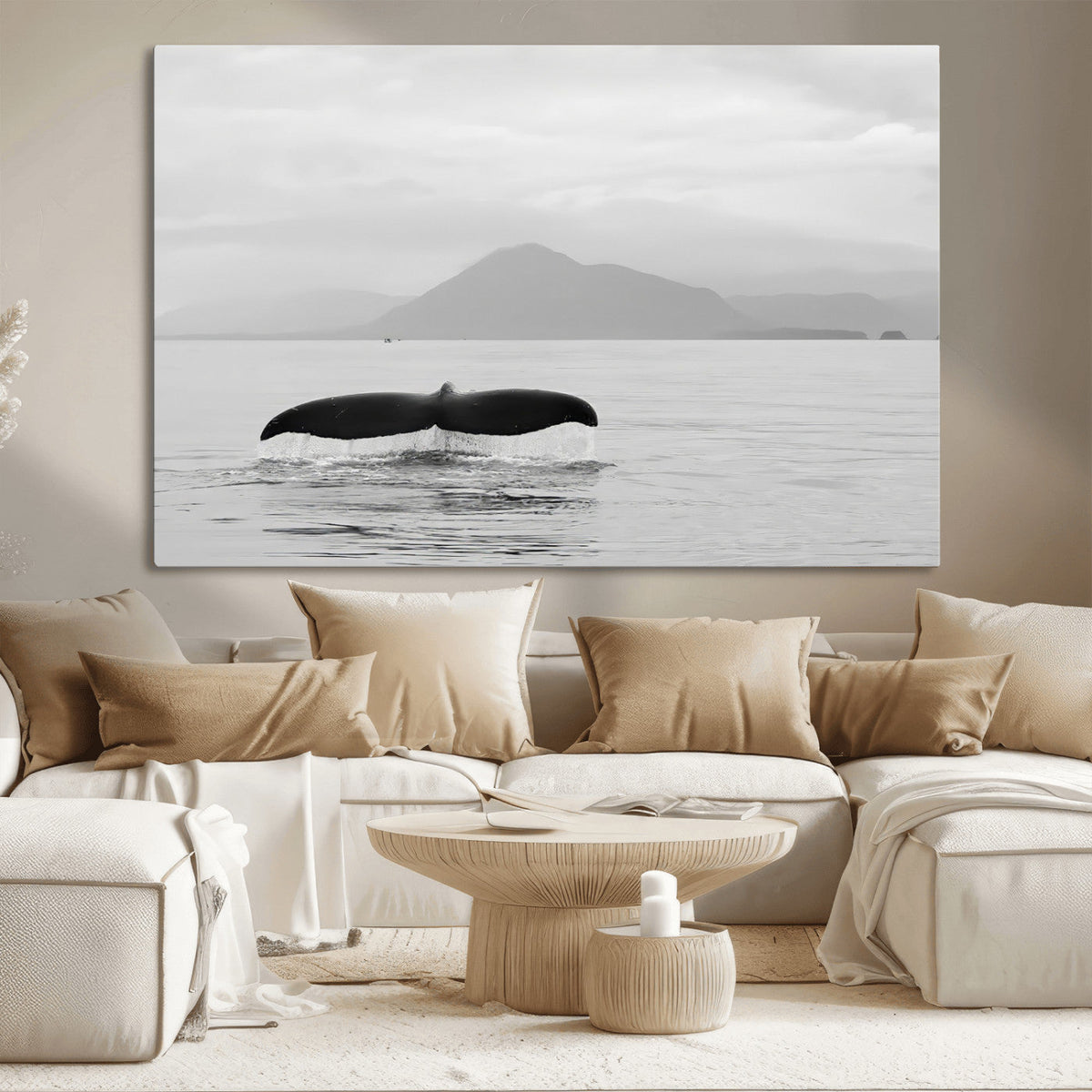 Whale Tail Wall Art | Framed Black White Ocean Canvas