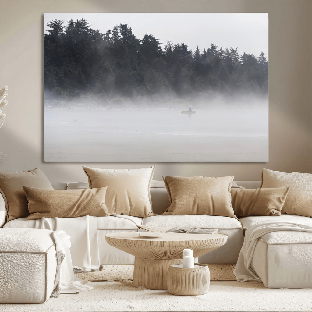 Surfer Fog Wall Art Canvas Print, Framed Foggy Beach and Coastal Surf Scene