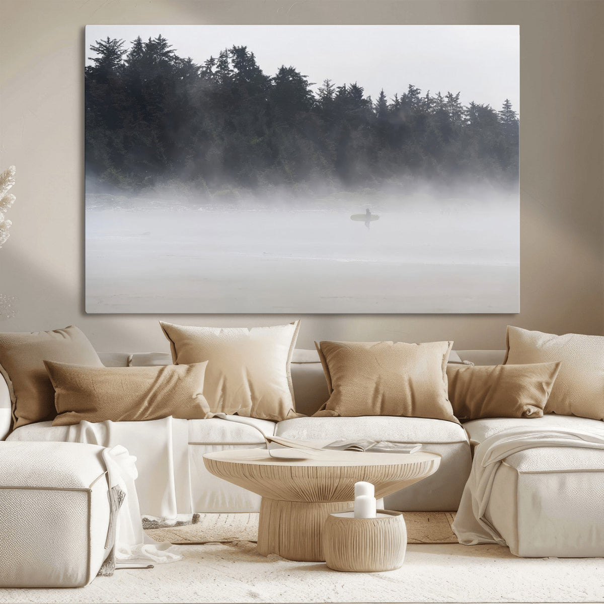 Surfer Fog Wall Art Canvas Print, Framed Foggy Beach and Coastal Surf Scene