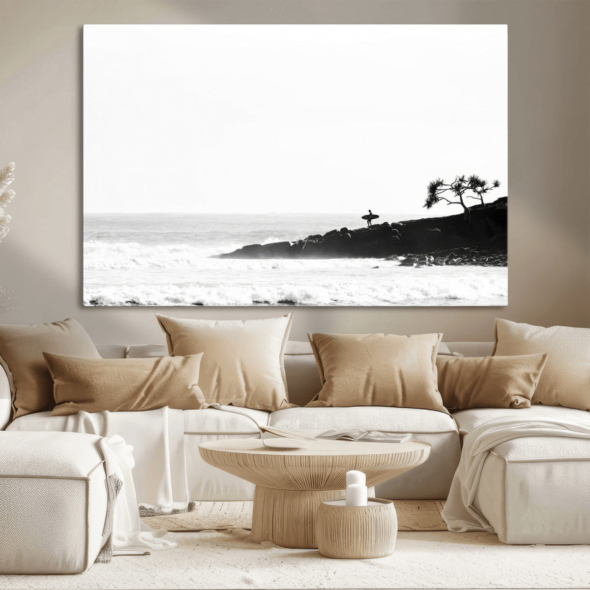 Surfer Cliffs Wall Art Canvas Print, Framed Black White Beach and Ocean Waves