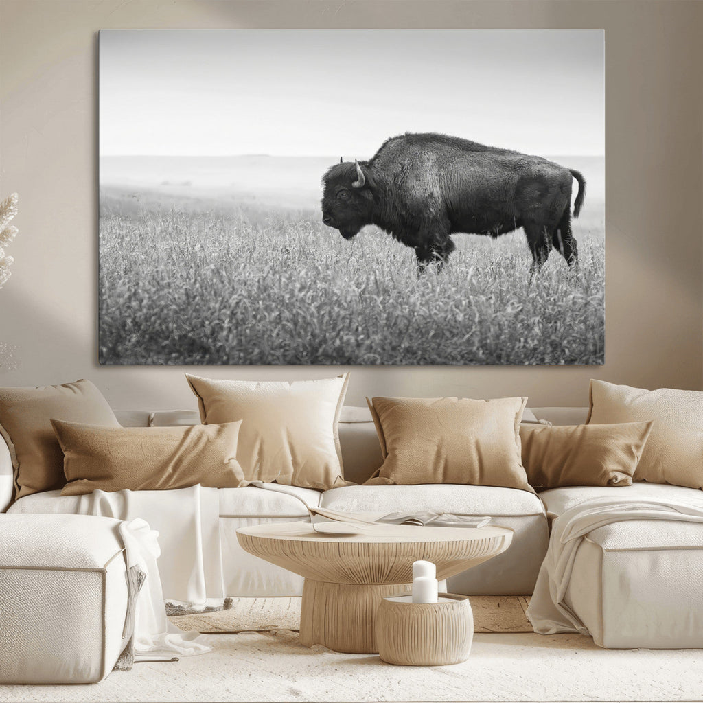 Bison Wall Art Canvas Print, Framed Rustic Wildlife Scene with Wild Buffalo