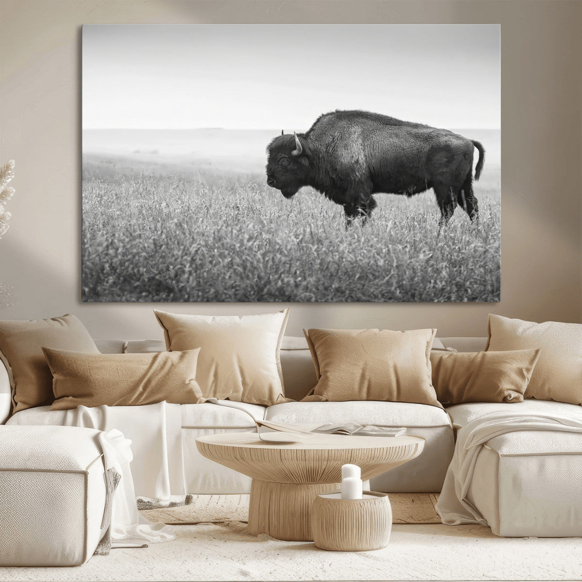 Bison Wall Art Canvas Print, Framed Rustic Wildlife Scene with Wild Buffalo