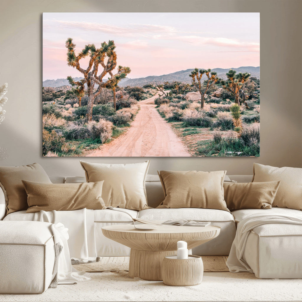 Joshua Tree Wall Art Canvas Print, Framed Desert Road Scene at Sunset