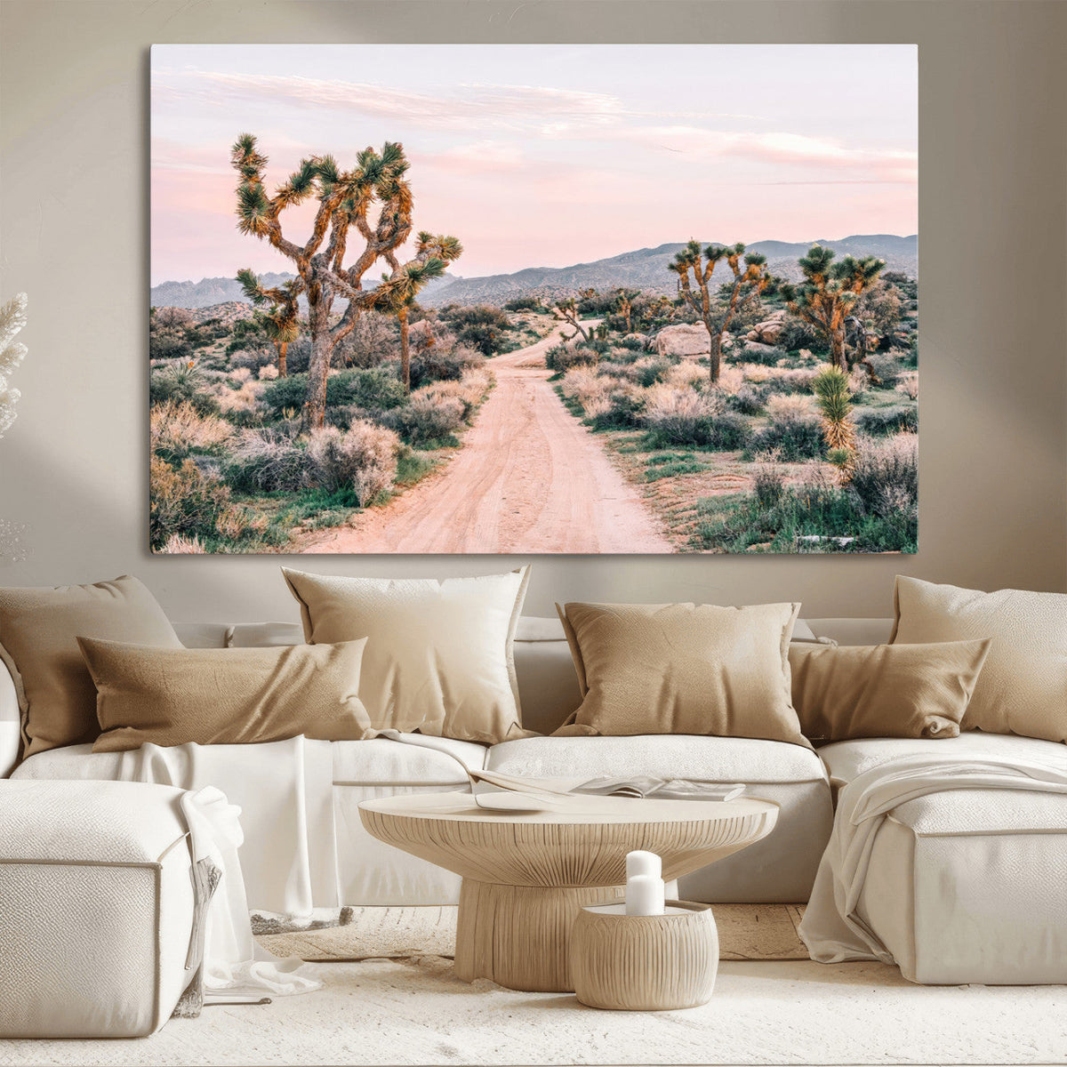 Joshua Tree Wall Art Canvas Print, Framed Desert Road Scene at Sunset