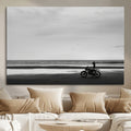 Motorcycle Beach Wall Art Canvas Print, Framed Vintage Motorcycle and Biker Silhouette