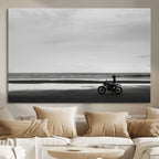 Motorcycle Beach Wall Art Canvas Print, Framed Vintage Motorcycle and Biker Silhouette