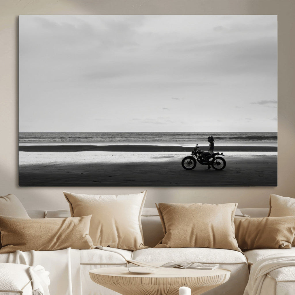 Motorcycle Beach Wall Art Canvas Print, Framed Vintage Biker Silhouette Artwork