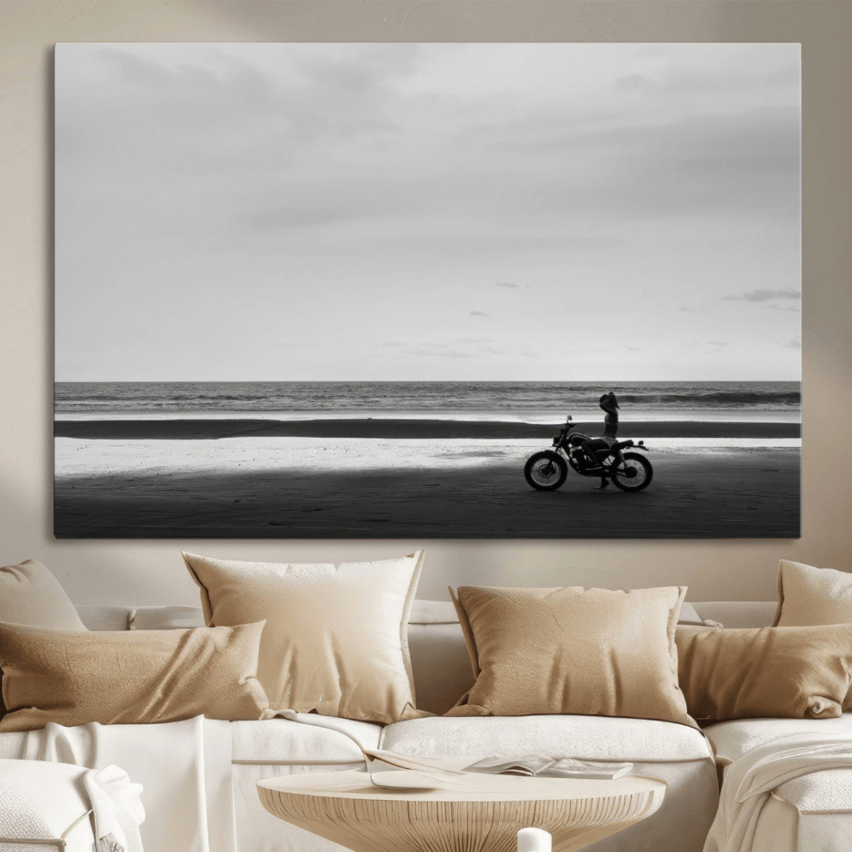 Motorcycle Beach Wall Art Canvas Print, Framed Vintage Biker Silhouette Artwork