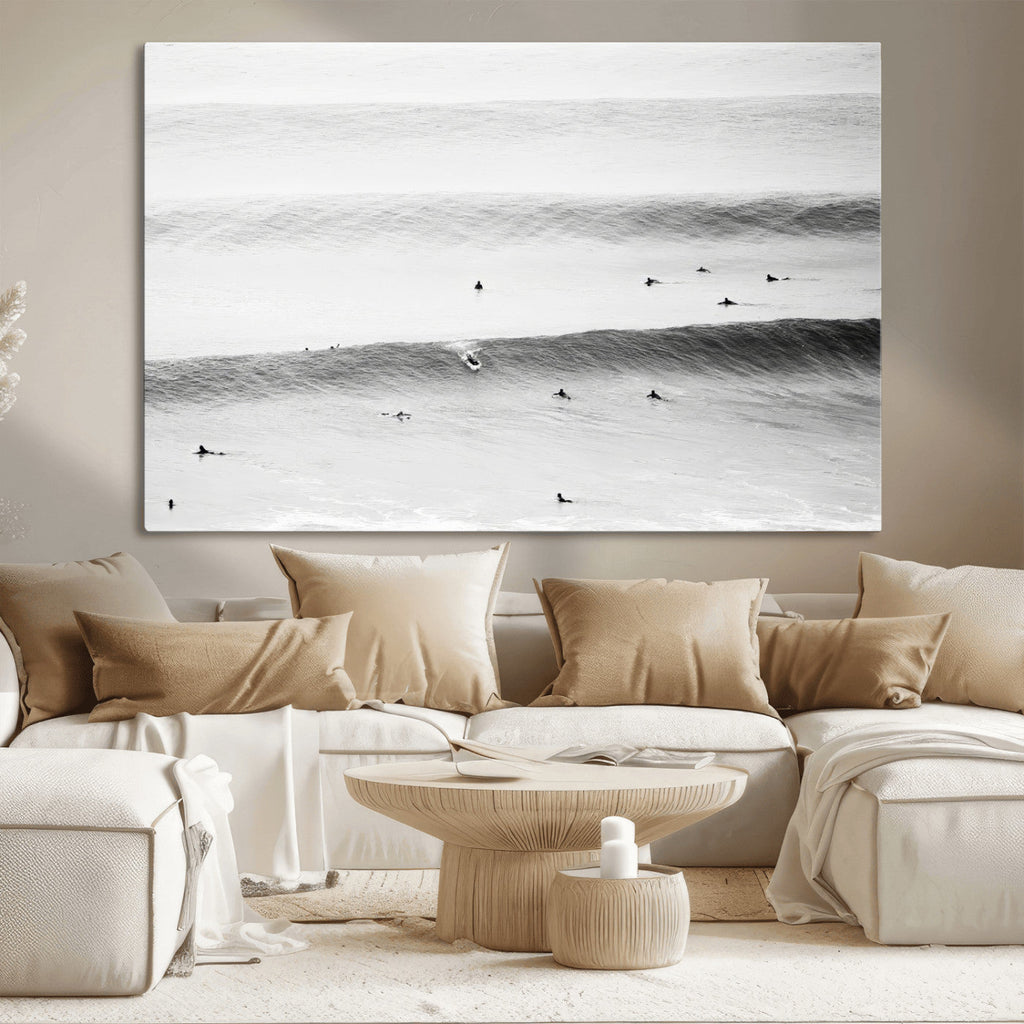 Black White Ocean Wall Art Canvas Print, Framed Coastal Sport and Ocean Swimmers Scene