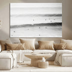 Black White Ocean Wall Art Canvas Print, Framed Coastal Sport and Ocean Swimmers Scene