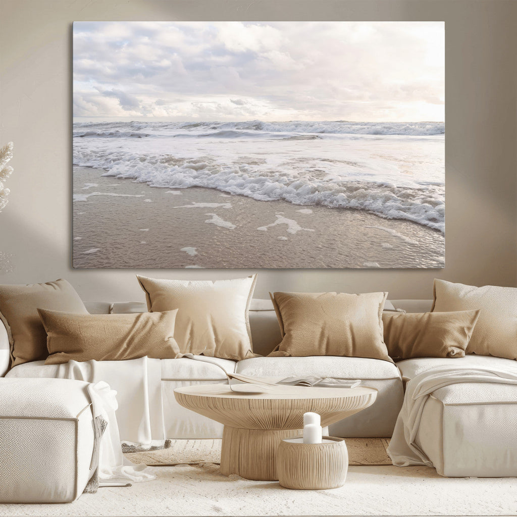 Ocean Waves Wall Art Canvas Print, Framed Coastal Shoreline Sea Foam Artwork