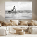 Black and White Surfing Wall Art Canvas Print, Framed Ocean Horizon Surfer Girl
