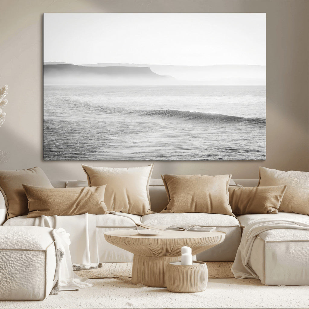 Black and White Seascape Wall Art Canvas Print, Framed Misty Ocean Waves