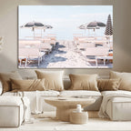 Minimalist Beach Wall Art Canvas Print, Framed Pastel Sand and Striped Umbrella Artwork