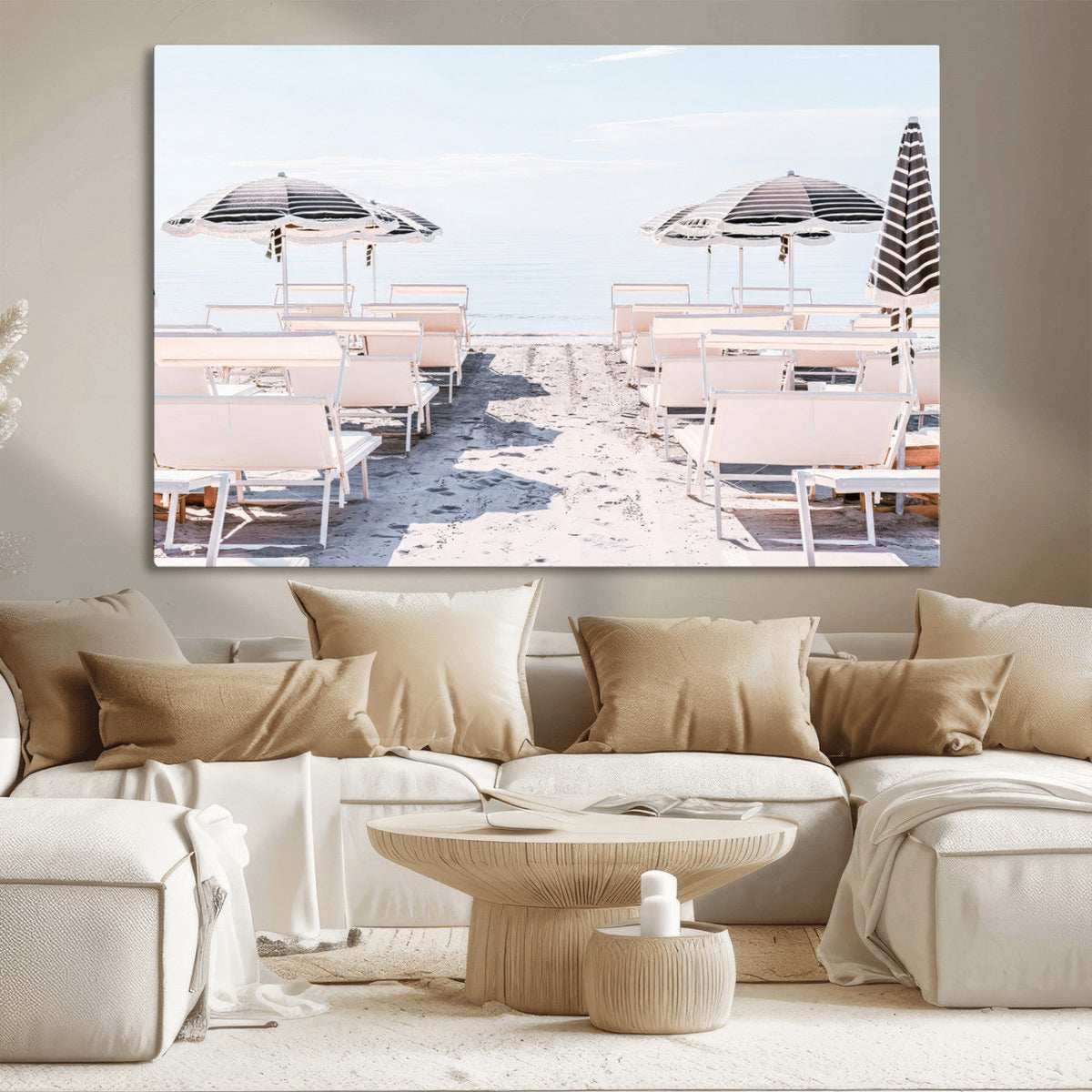 Minimalist Beach Wall Art Canvas Print, Framed Pastel Sand and Striped Umbrella Artwork